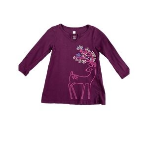 Tea Collection Dress Toddler Sz 2 Y Purple Long Sleeve 100% Cotton Deer